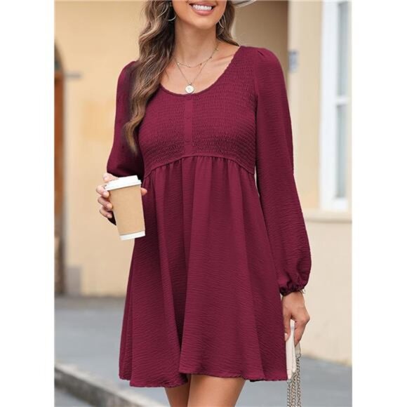 Womens 2025 Casual Dress Smocked Crewneck Button Up Long Sleeve Empire Rose - Picture 3 of 5